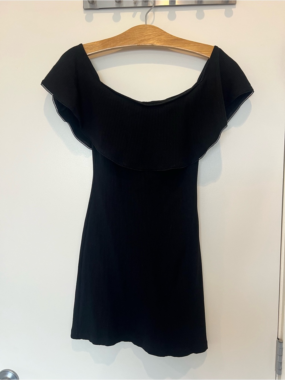 Reformation Black Bodycon Dress with Off the Shoulder Ruffle